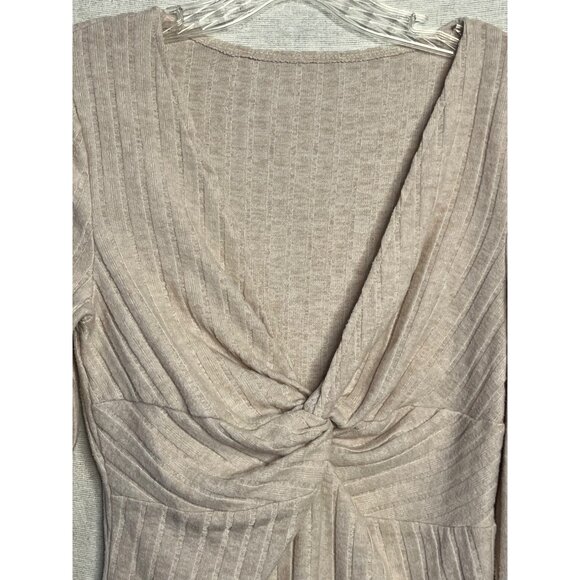 Shein Size M Chic Ribbed Beige Long-Sleeve Twist Front Bodysuit Soft Comfortable - Picture 4 of 15